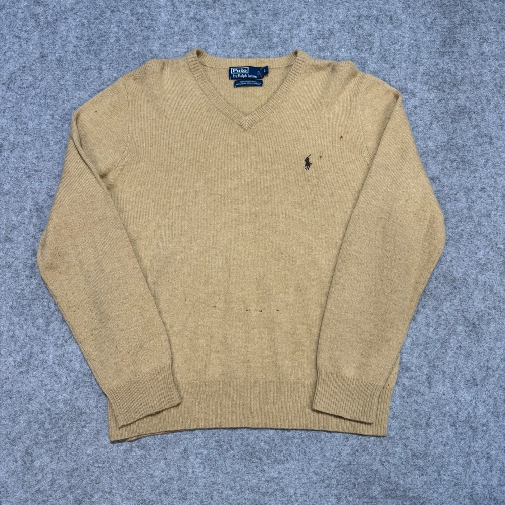Polo Ralph Lauren Mens V-Neck Sweater Tan 100% Lambswool Pony Logo Size L